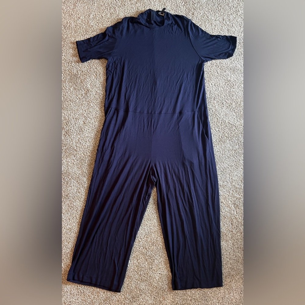 Eileen Fisher navy Blue jumpsuit pants 1pc jersey mock neck PL petite L wide leg